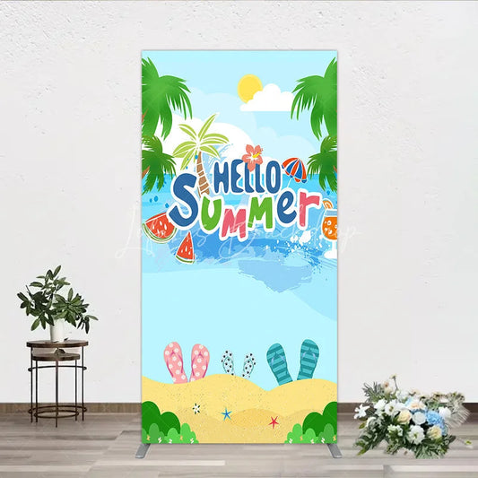 Lofaris Vibrant Hello Summer Beach Rectangle Arch Backdrop Tropical Palm Trees and Flip-Flops Decor
