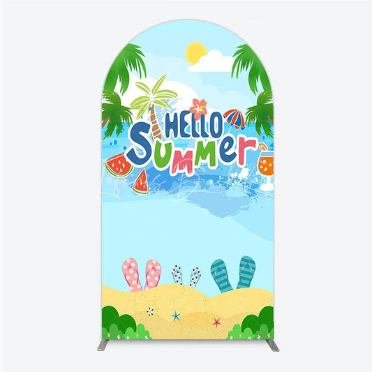 Lofaris Vibrant Hello Summer Beach Round Top Arch Backdrop Featuring Palm Trees Watermelon and Colorful Flip Flops