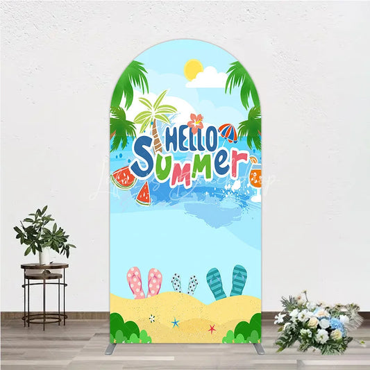 Lofaris Vibrant Hello Summer Beach Round Top Arch Backdrop Featuring Palm Trees Watermelon and Colorful Flip Flops