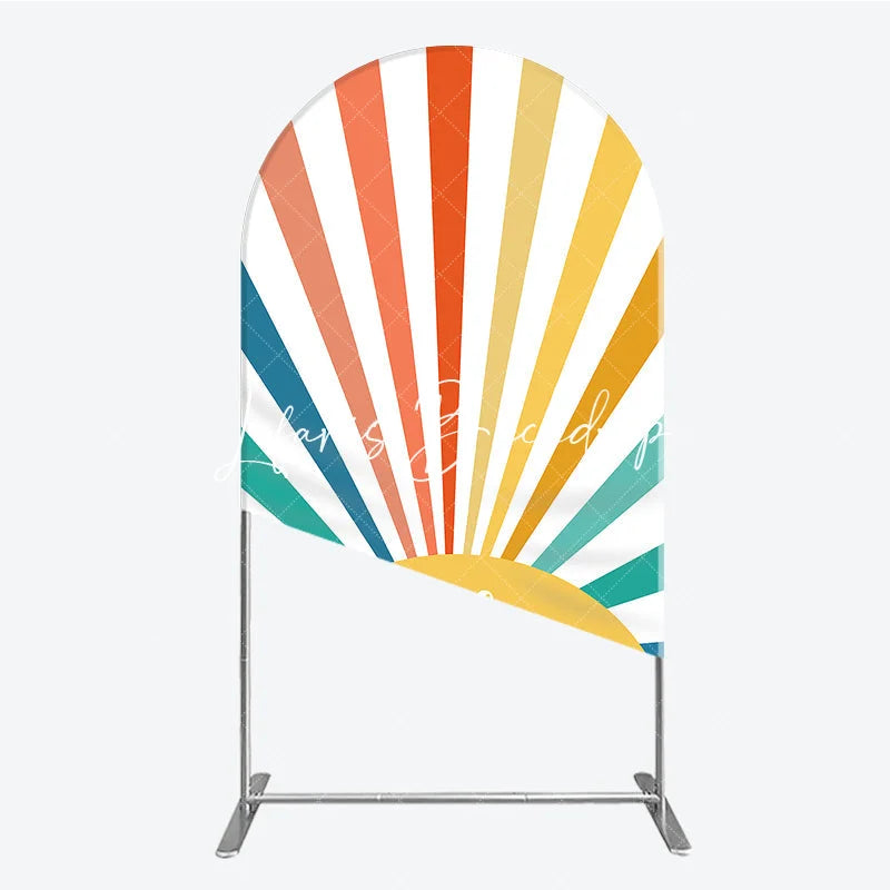 Lofaris Vibrant Hello Sunshine Colorful Sunburst Round Top Arch Backdrop Retro Summer Party Celebration Decor