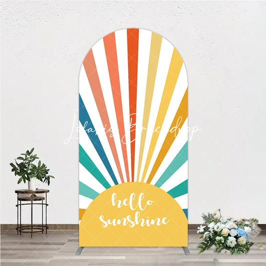 Lofaris Vibrant Hello Sunshine Colorful Sunburst Round Top Arch Backdrop Retro Summer Party Celebration Decor