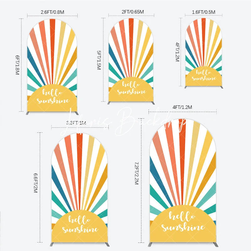 Lofaris Vibrant Hello Sunshine Colorful Sunburst Round Top Arch Backdrop Retro Summer Party Celebration Decor