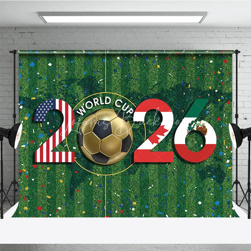 Lofaris Vibrant International Soccer Tournament 2026 Holiday Backdrop USA Canada Mexico Flags on Green Field
