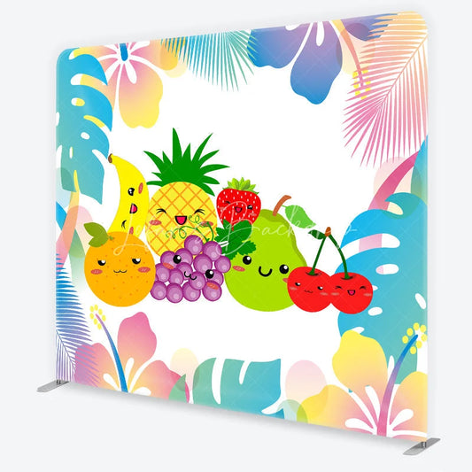Lofaris Vibrant Kawaii Fruit Square Double-Sided Backdrop with Tropical Leaves Cute Summer Party and Birthday Decor