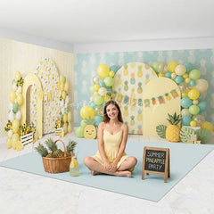 Lofaris Vibrant Lemon and Pineapple Tropical Room Set Backdrop Summer Party Celebration Decor with Balloons Arches