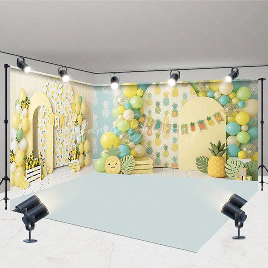 Lofaris Vibrant Lemon and Pineapple Tropical Room Set Backdrop Summer Party Celebration Decor with Balloons Arches