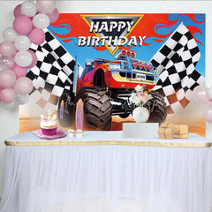 Lofaris Vibrant Monster Truck and Checkered Flag Racing Birthday Backdrop Dynamic Adventure Party Decor for Boys