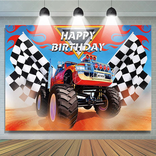 Lofaris Vibrant Monster Truck and Checkered Flag Racing Birthday Backdrop Dynamic Adventure Party Decor for Boys