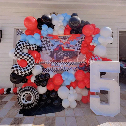 Lofaris Vibrant Monster Truck and Checkered Flag Racing Birthday Backdrop Dynamic Adventure Party Decor for Boys
