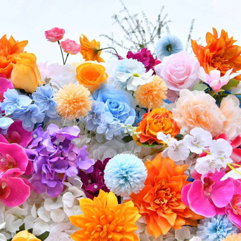 Lofaris Vibrant Multi-Color Artificial Flower Wall Lush Pink Orange Blue Purple White Floral Backdrop for Events