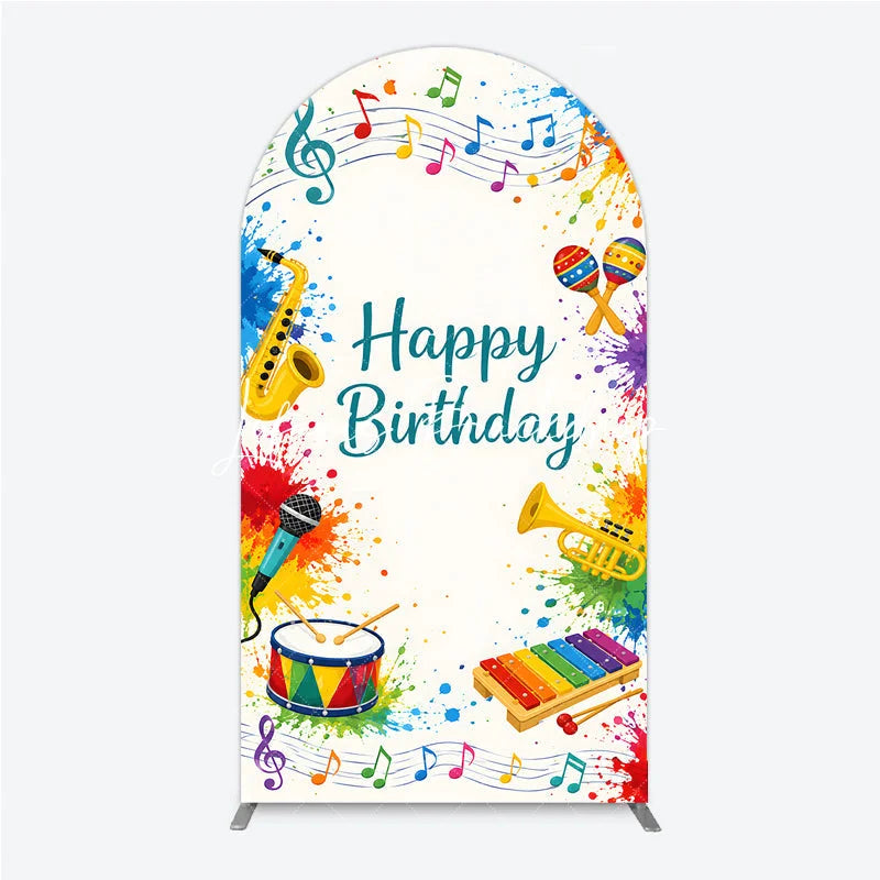 Lofaris Vibrant Multi-Color Musical Happy Birthday Round Top Arch Backdrop Festive Party Decor with Instruments