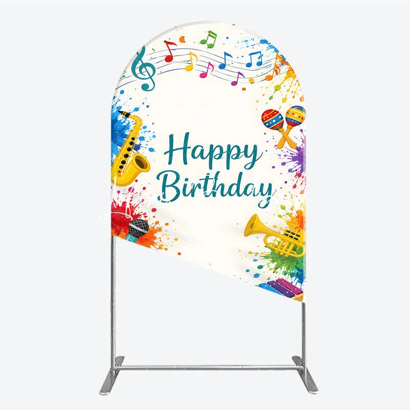 Lofaris Vibrant Multi-Color Musical Happy Birthday Round Top Arch Backdrop Festive Party Decor with Instruments