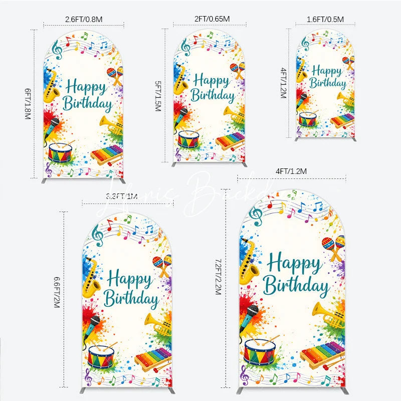 Lofaris Vibrant Multi-Color Musical Happy Birthday Round Top Arch Backdrop Festive Party Decor with Instruments