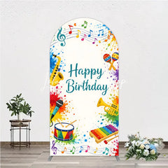 Lofaris Vibrant Multi-Color Musical Happy Birthday Round Top Arch Backdrop Festive Party Decor with Instruments