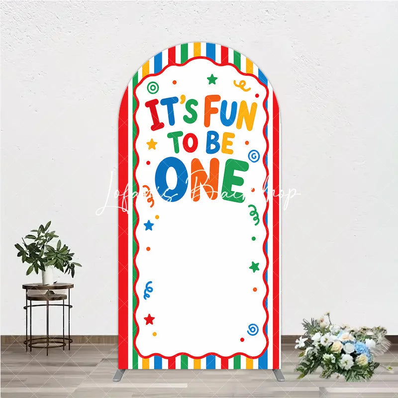 Lofaris Vibrant Multicolor Striped Its Fun to Be One First Birthday Round Top Arch Backdrop Festive Party Decor
