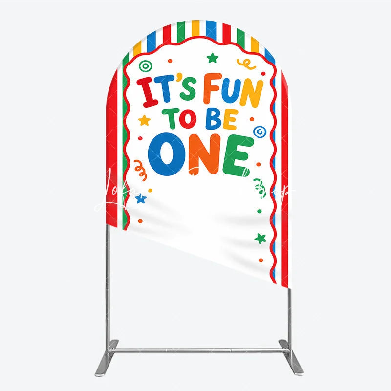 Lofaris Vibrant Multicolor Striped Its Fun to Be One First Birthday Round Top Arch Backdrop Festive Party Decor
