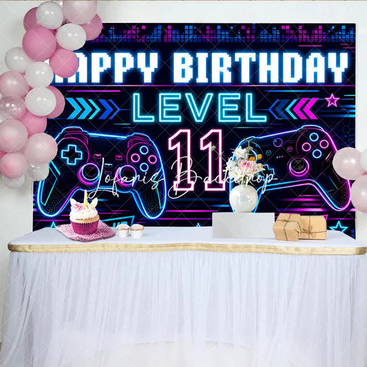 Lofaris Vibrant Neon Blue and Pink Gaming Controller Level 11 Happy Birthday Backdrop Gamer Theme Party Decor
