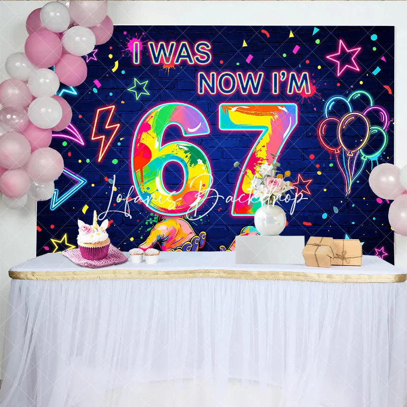 Lofaris Vibrant Neon Graffiti 7th Birthday Backdrop Colorful Splatter Stars and Balloons Dark Blue Brick Wall Party Decor
