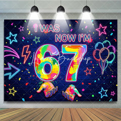 Lofaris Vibrant Neon Graffiti 7th Birthday Backdrop Colorful Splatter Stars and Balloons Dark Blue Brick Wall Party Decor