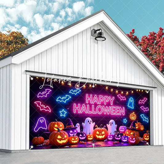 Lofaris Vibrant Neon Happy Halloween Bats and Ghosts Garage Door Banner Spooky Pumpkin Party Decor for Festive Celebrations
