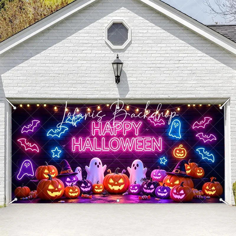 Lofaris Vibrant Neon Happy Halloween Bats and Ghosts Garage Door Banner Spooky Pumpkin Party Decor for Festive Celebrations