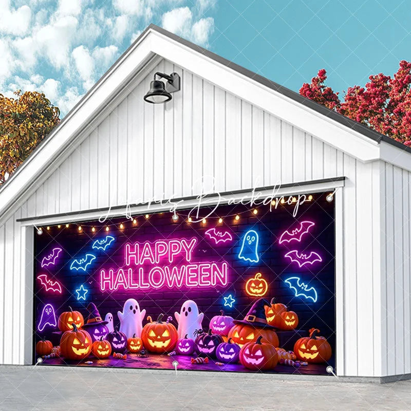 Lofaris Vibrant Neon Happy Halloween Bats and Ghosts Garage Door Banner Spooky Pumpkin Party Decor for Festive Celebrations
