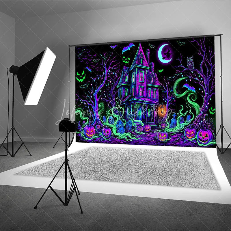 Lofaris Vibrant Neon Purple and Green Haunted House Holiday Backdrop Spooky Halloween Party Decor with Jack-o’-Lanterns