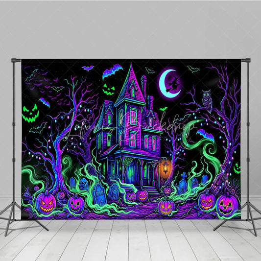 Lofaris Vibrant Neon Purple and Green Haunted House Holiday Backdrop Spooky Halloween Party Decor with Jack-o’-Lanterns