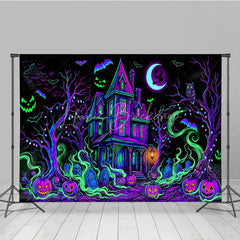 Lofaris Vibrant Neon Purple and Green Haunted House Holiday Backdrop Spooky Halloween Party Decor with Jack-o’-Lanterns