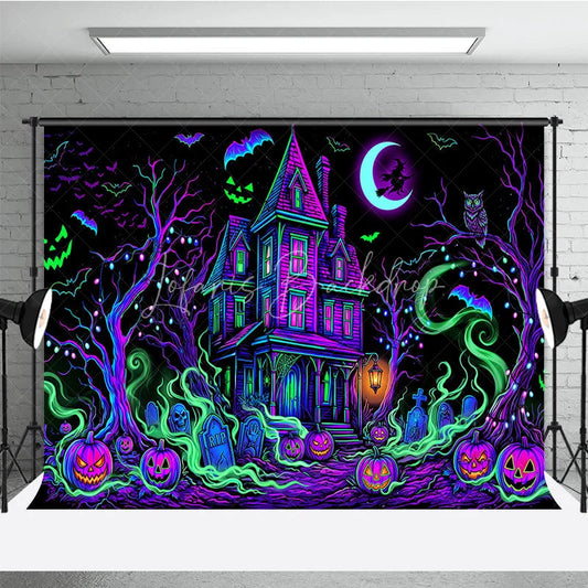 Lofaris Vibrant Neon Purple and Green Haunted House Holiday Backdrop Spooky Halloween Party Decor with Jack-o’-Lanterns