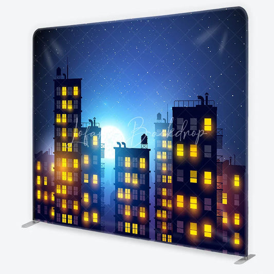Lofaris Vibrant Night Cityscape Square Double-Sided Backdrop with a Full Moon and Starry Sky Scene for photo booth