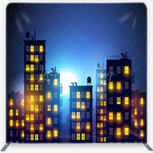 Lofaris Vibrant Night Cityscape Square Double-Sided Backdrop with a Full Moon and Starry Sky Scene for photo booth