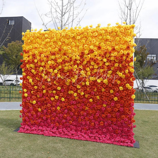 Lofaris Vibrant Ombre Rose Artificial Flower Wall Backdrop Yellow Orange Pink for Wedding and Party Photography