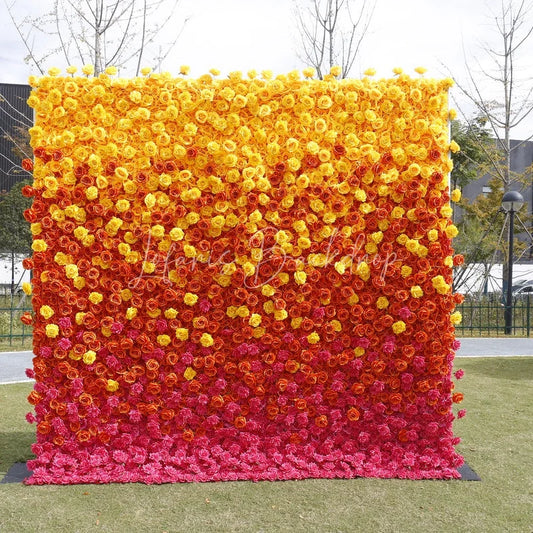 Lofaris Vibrant Ombre Rose Artificial Flower Wall Backdrop Yellow Orange Pink for Wedding and Party Photography