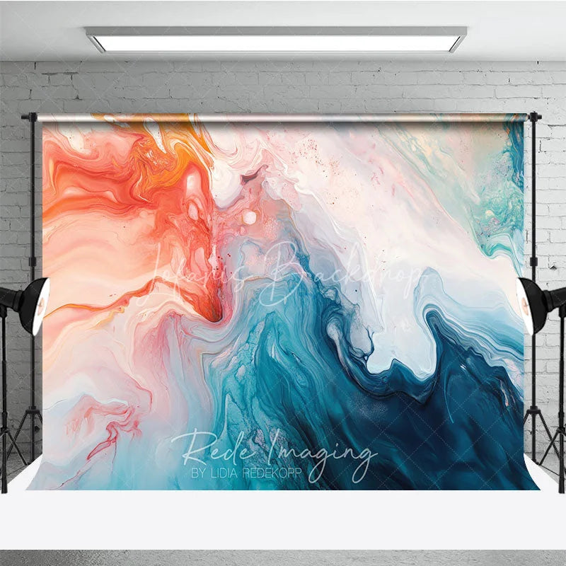 Lofaris Vibrant Orange and Blue Abstract Fluid Art Photography Backdrop Modern Marble Swirl Design for Studio Portraits