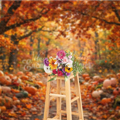 Lofaris Vibrant Orange and Red Autumn Forest Path Photography Backdrop Rustic Pumpkins Fall Leaves Harvest Season Decor
