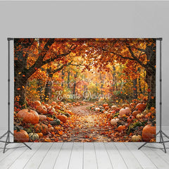 Lofaris Vibrant Orange and Red Autumn Forest Path Photography Backdrop Rustic Pumpkins Fall Leaves Harvest Season Decor