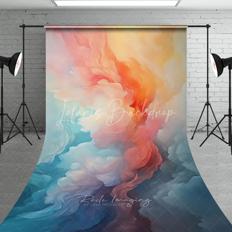Lofaris Vibrant Orange Peach and Blue Abstract Painterly Textured Sweep Backdrop Ethereal Cloud Art Photography Background