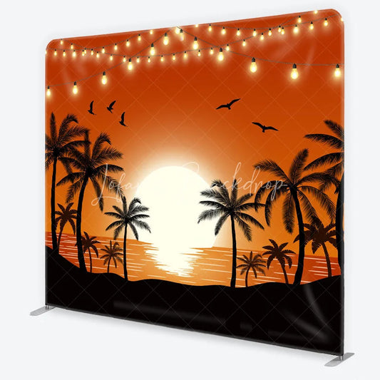 Lofaris Vibrant Orange Sunset with Palm Trees and String Lights Square Double-Sided Backdrop Tropical Summer Party Decor
