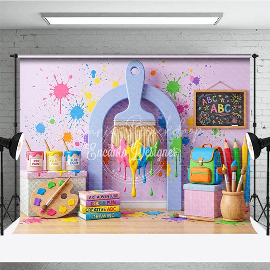 Lofaris Vibrant Paint Splatter Photography Backdrop featuring Art Supplies School Elements and Creative Fun