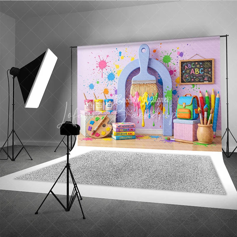 Lofaris Vibrant Paint Splatter Photography Backdrop featuring Art Supplies School Elements and Creative Fun