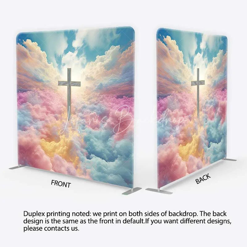 Lofaris Vibrant Pastel Cloud Sky and Cross Square Double-Sided Backdrop Heavenly Religious Event Decor for Baptism