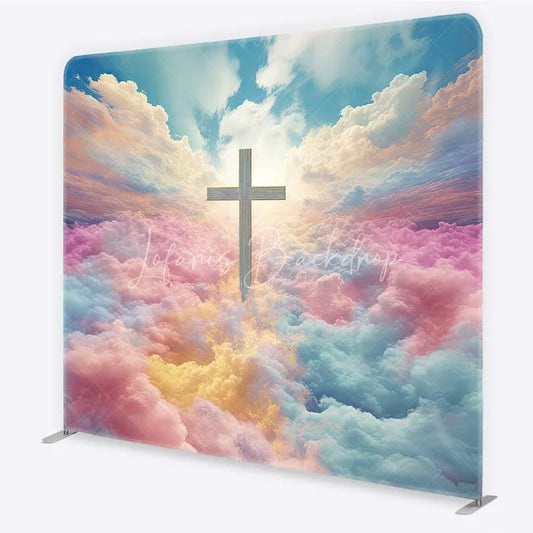 Lofaris Vibrant Pastel Cloud Sky and Cross Square Double-Sided Backdrop Heavenly Religious Event Decor for Baptism