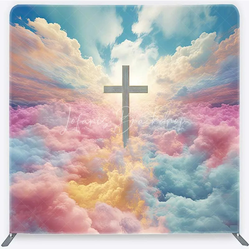 Lofaris Vibrant Pastel Cloud Sky and Cross Square Double-Sided Backdrop Heavenly Religious Event Decor for Baptism