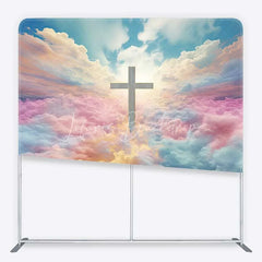 Lofaris Vibrant Pastel Cloud Sky and Cross Square Double-Sided Backdrop Heavenly Religious Event Decor for Baptism