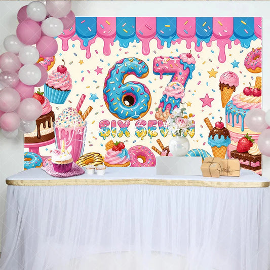 Lofaris Vibrant Pink and Blue Donut Number 6 7th Birthday Backdrop with Sweet Dessert Candy Theme Kids Party Decor.