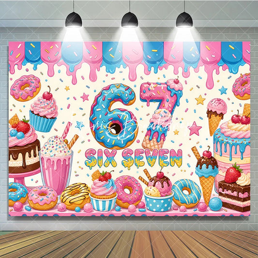 Lofaris Vibrant Pink and Blue Donut Number 6 7th Birthday Backdrop with Sweet Dessert Candy Theme Kids Party Decor.
