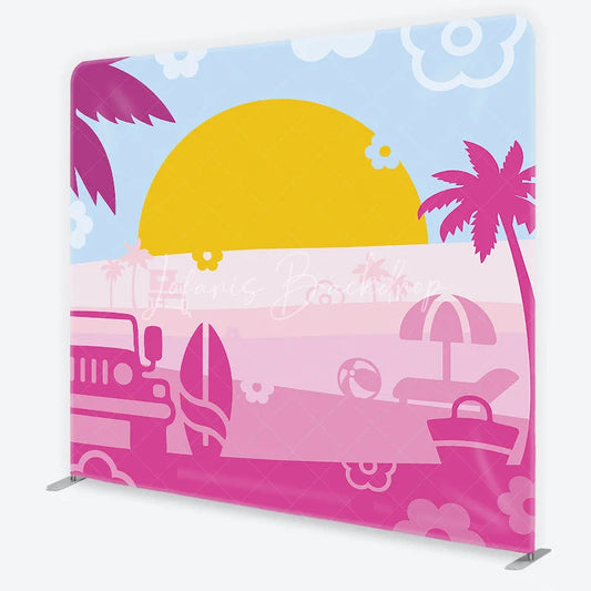 Lofaris Vibrant Pink and Blue Summer Beach Square Double-Sided Backdrop featuring a Jeep Surfboard