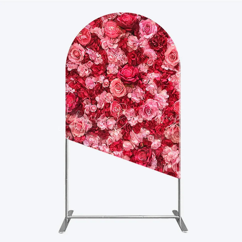 Lofaris Vibrant Pink and Red Roses Floral Wall Round Top Arch Backdrop Romantic Wedding Party Decor
