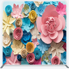 Lofaris Vibrant Pink Blue Yellow Paper Flowers Square Double-Sided Backdrop Artistic Floral Craft Theme Decor